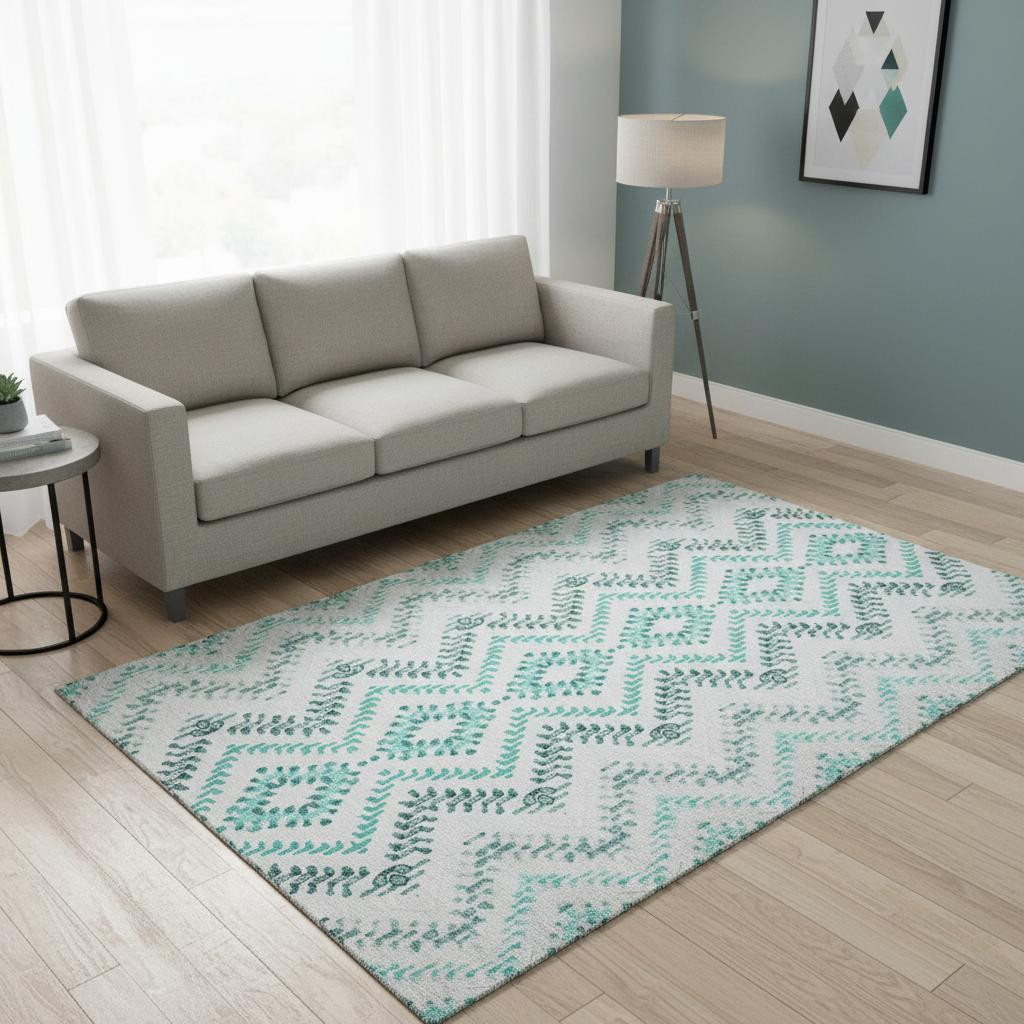 656114 5 x 8 ft. Teal & Ivory Geometric Transitional Washable Machine Made Rectangle Area Rug with UV Protection