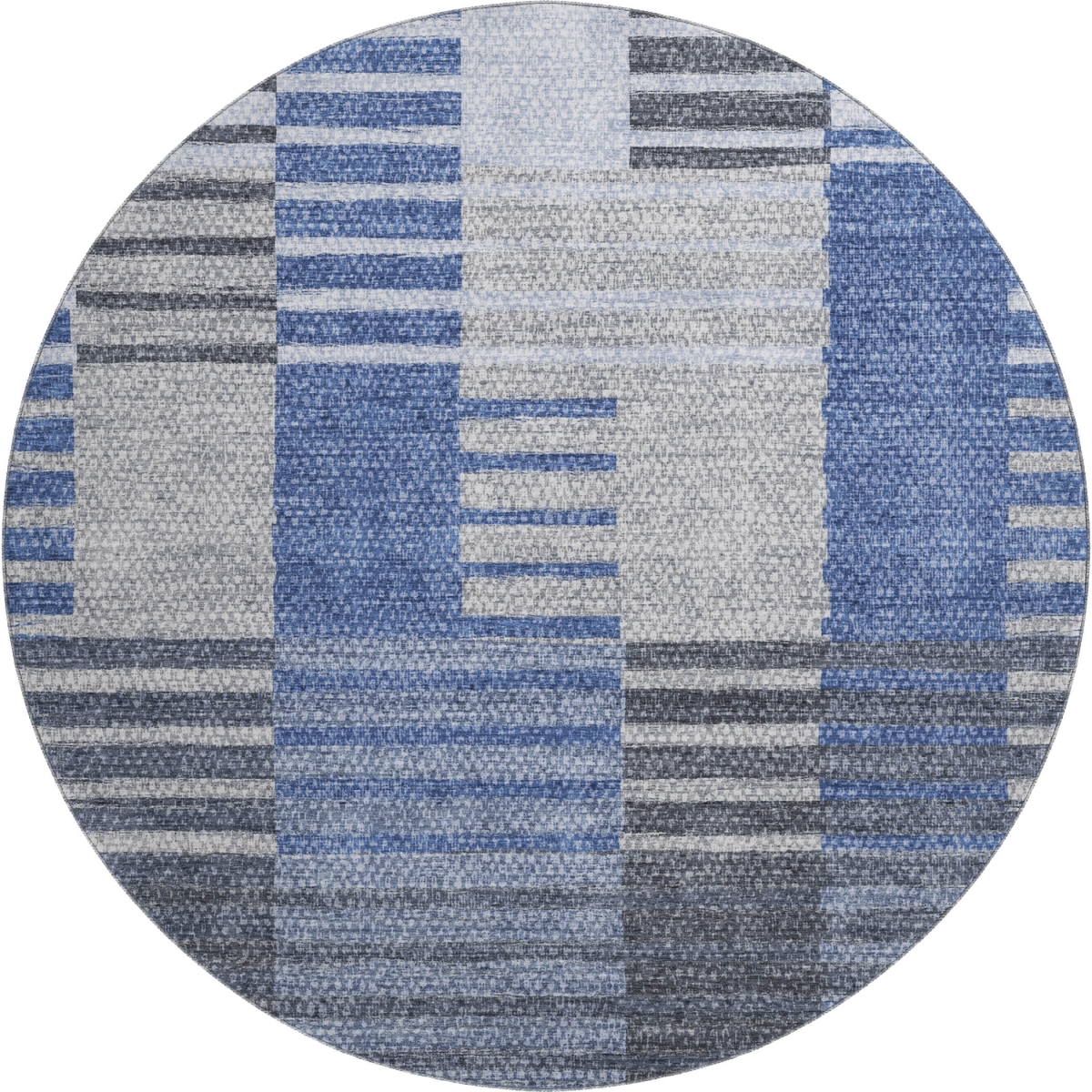 656247 8 ft. Blue, Ivory & Gray Striped Transitional Washable Round Area Rug with UV Protection