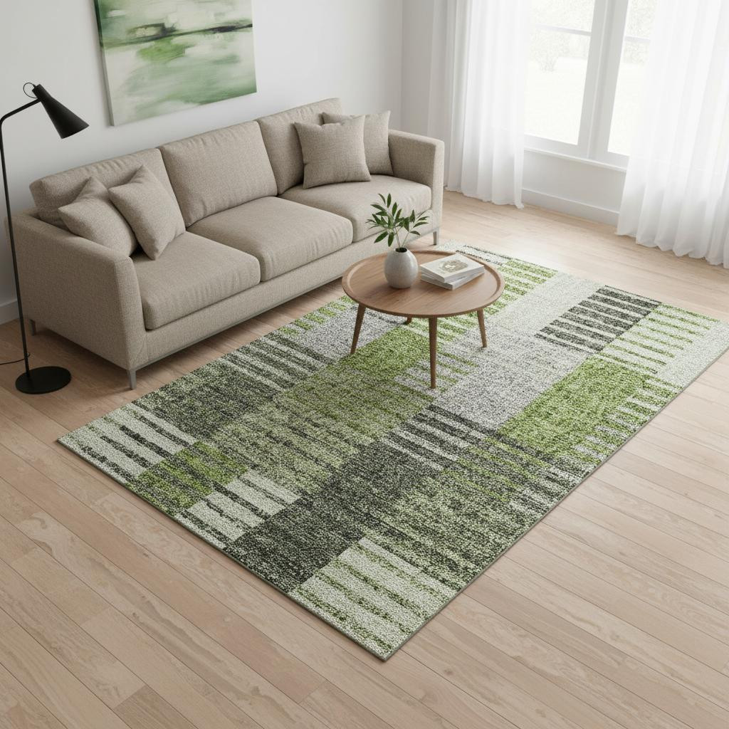 656252 5 x 8 ft. Green, Ivory & Gray Striped Transitional Washable Machine Made Rectangle Area Rug with UV Protection