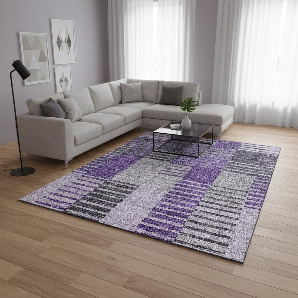 656266 8 x 10 ft. Purple, Ivory & Gray Striped Transitional Washable Machine Made Rectangle Area Rug with UV Protection