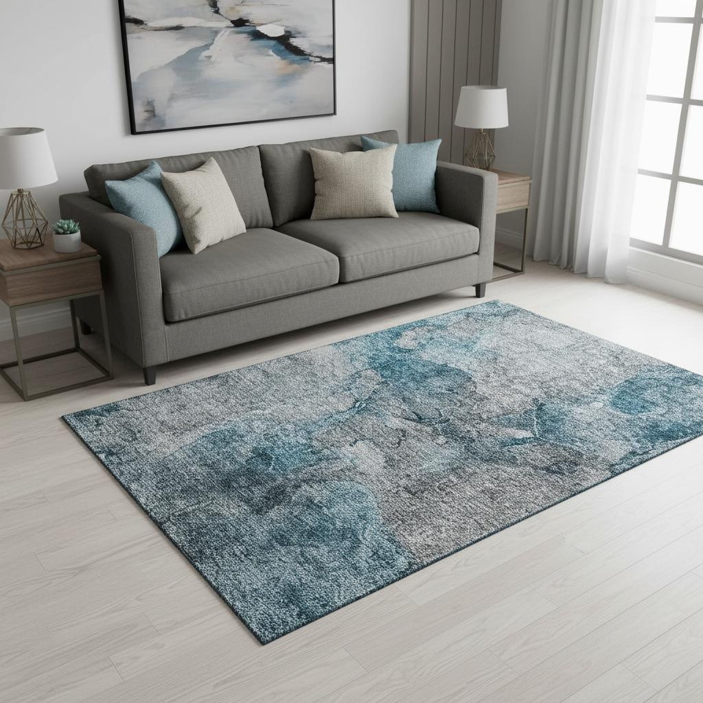 656330 5 x 8 ft. Teal & Gray Abstract Transitional Washable Machine Made Rectangle Area Rug with UV Protection