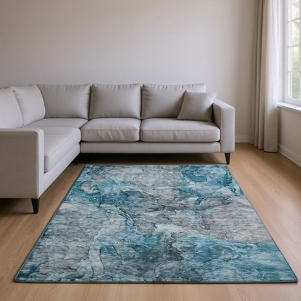 656332 8 x 10 ft. Teal & Gray Abstract Transitional Washable Machine Made Rectangle Area Rug with UV Protection