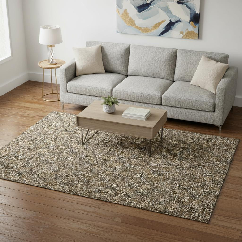 656432 5 x 8 ft. Brown & Ivory Floral Transitional Washable Machine Made Rectangle Area Rug with UV Protection