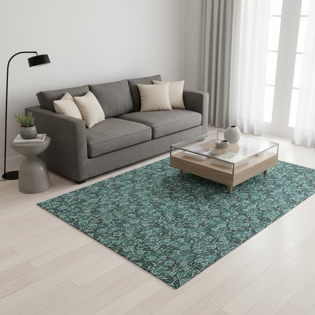 656468 5 x 8 ft. Teal & Ivory Floral Transitional Washable Machine Made Rectangle Area Rug with UV Protection