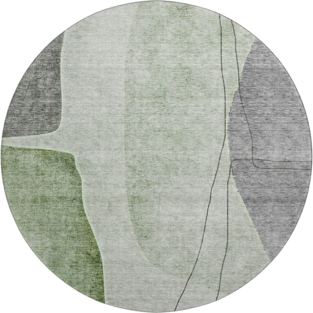 656564 8 ft. Green, Gray & Ivory Abstract Transitional Washable Round Area Rug with UV Protection