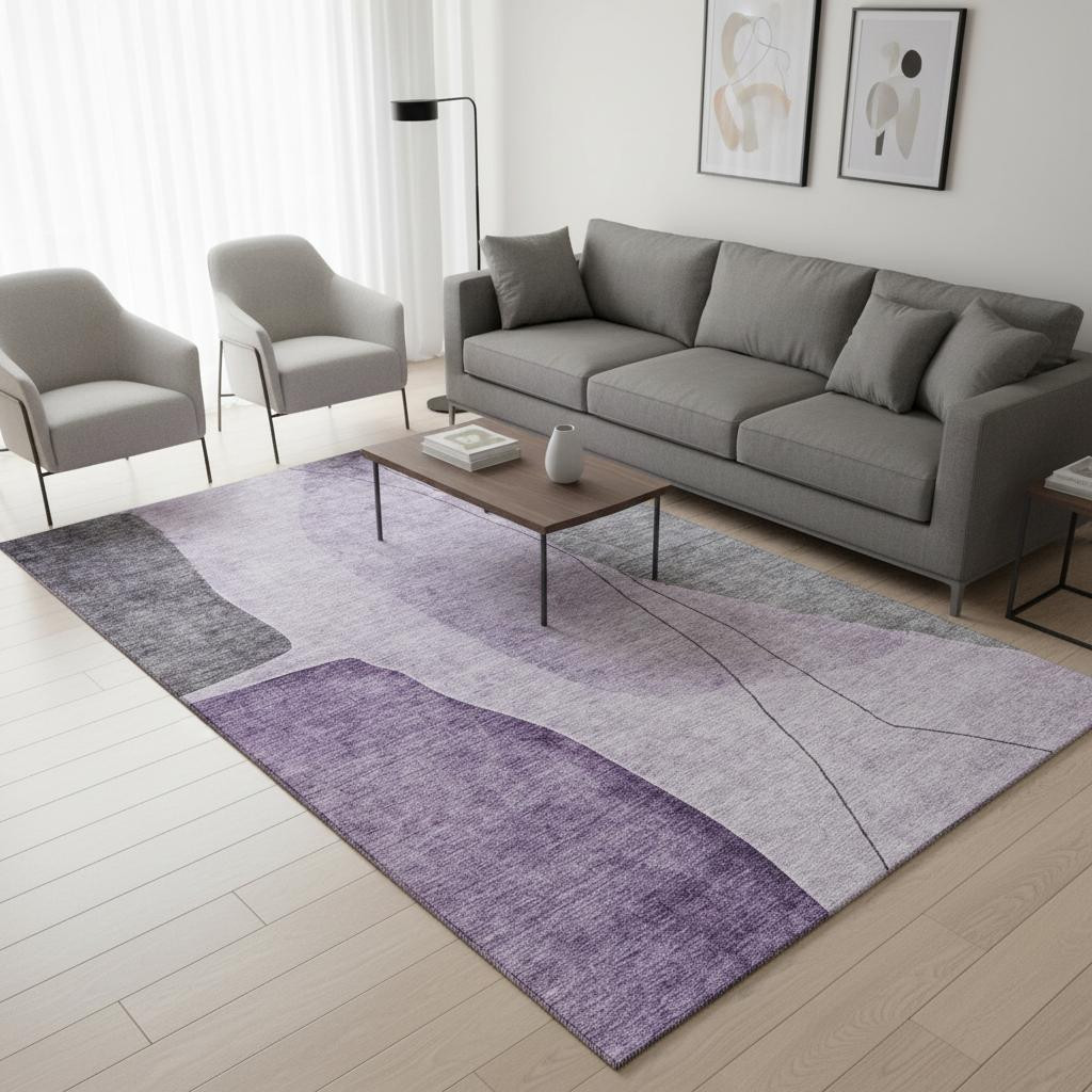 656575 5 x 8 ft. Purple, Gray & Ivory Abstract Transitional Washable Machine Made Rectangle Area Rug with UV Protection