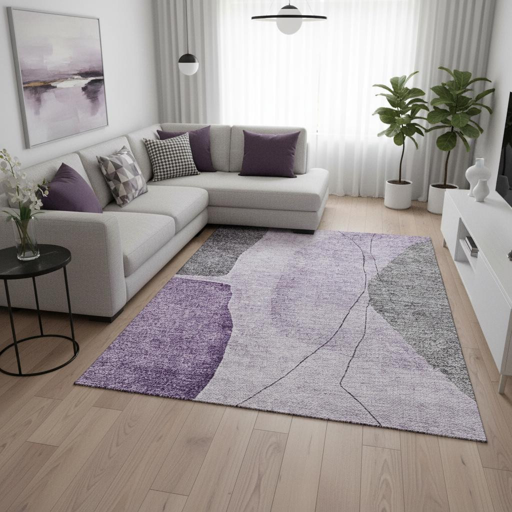 656577 8 x 10 ft. Purple, Gray & Ivory Abstract Transitional Washable Machine Made Rectangle Area Rug with UV Protection