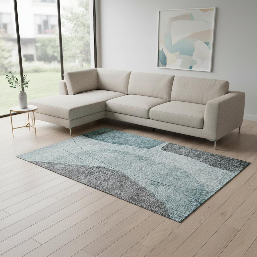 656583 8 x 10 ft. Teal, Gray & Ivory Abstract Transitional Washable Machine Made Rectangle Area Rug with UV Protection