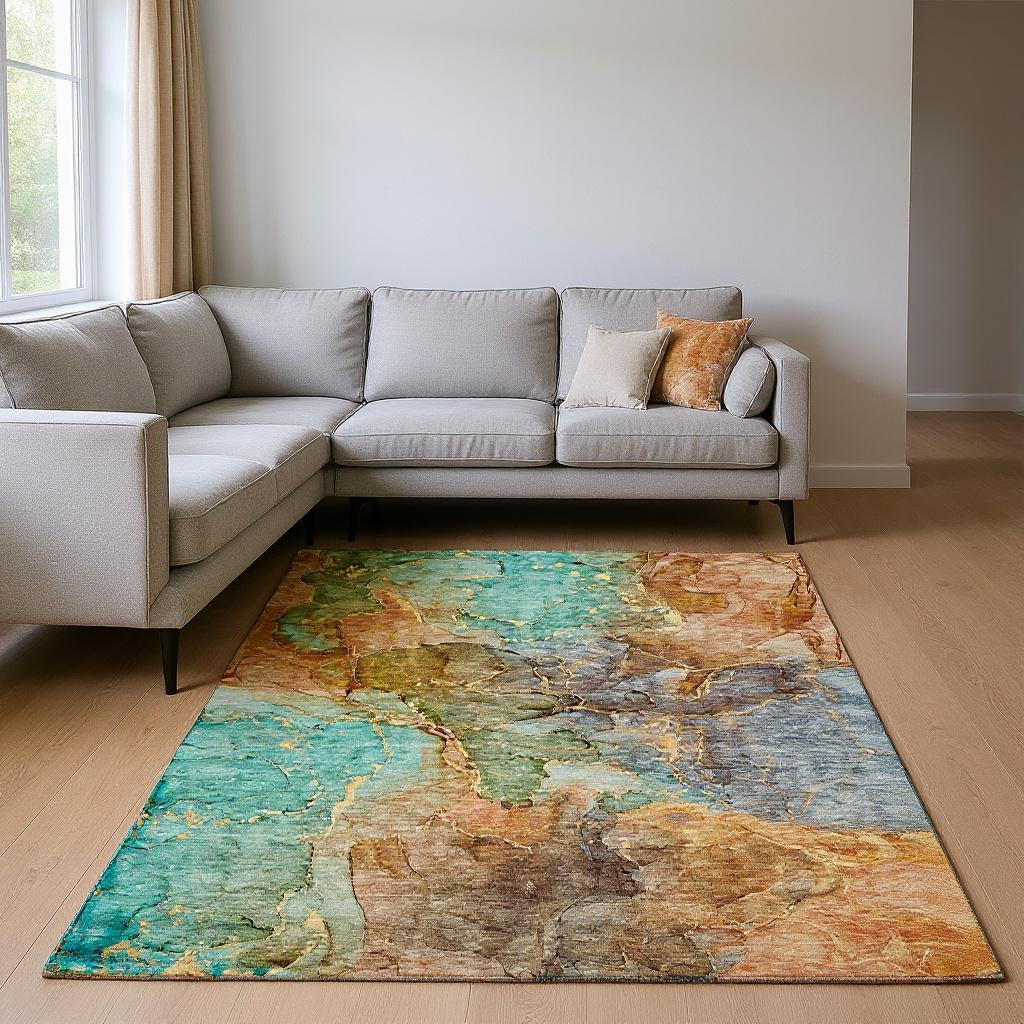 656320 8 x 10 ft. Coral Blue & Purple Abstract Washable Machine Made Rectangle Area Rug with UV Protection