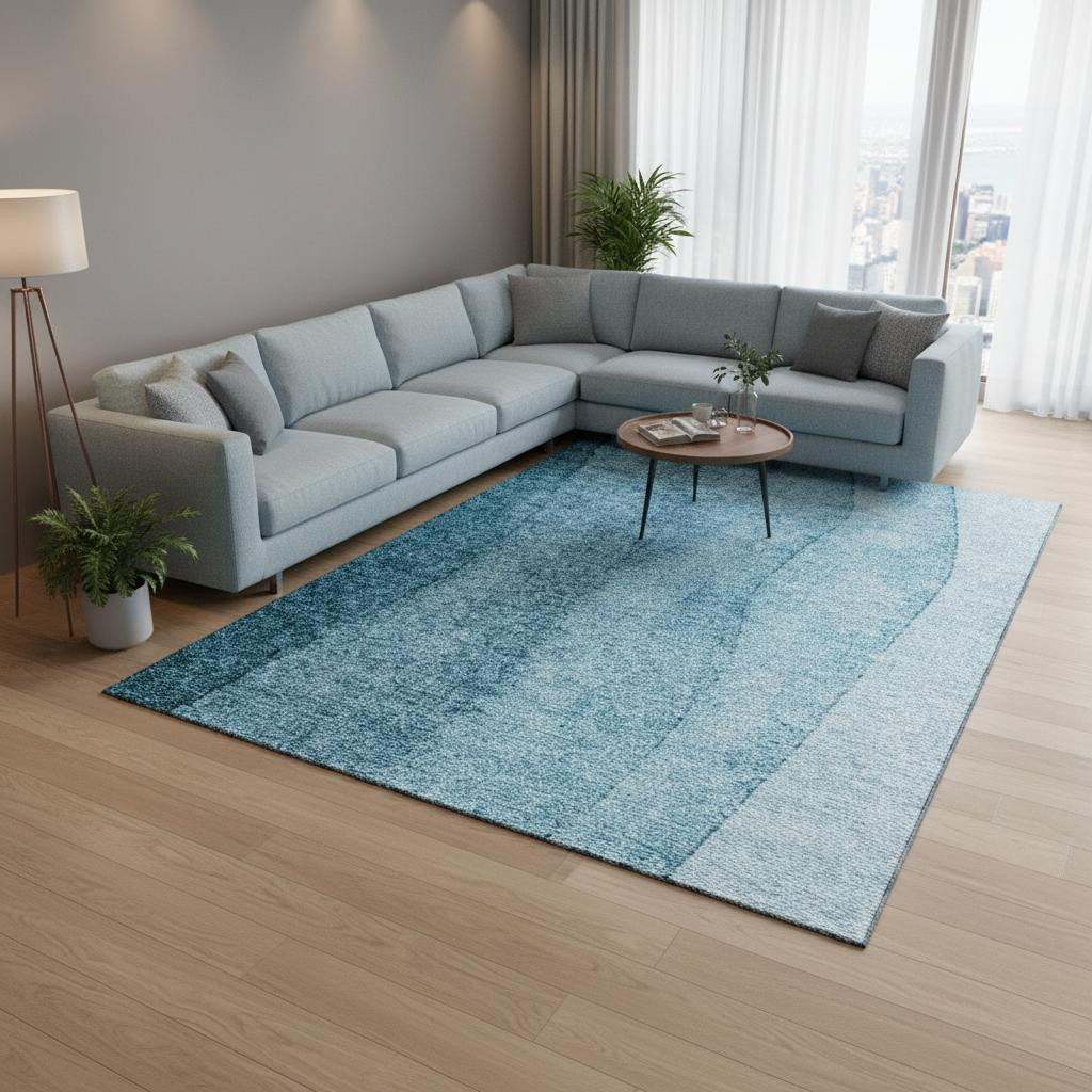 656376 10 x 14 ft. Teal & Ivory Ombre Transitional Washable Machine Made Rectangle Area Rug with UV Protection