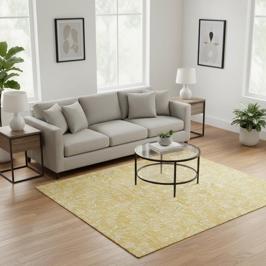 656408 5 x 8 ft. Gold & Ivory Floral Transitional Washable Machine Made Rectangle Area Rug with UV Protection