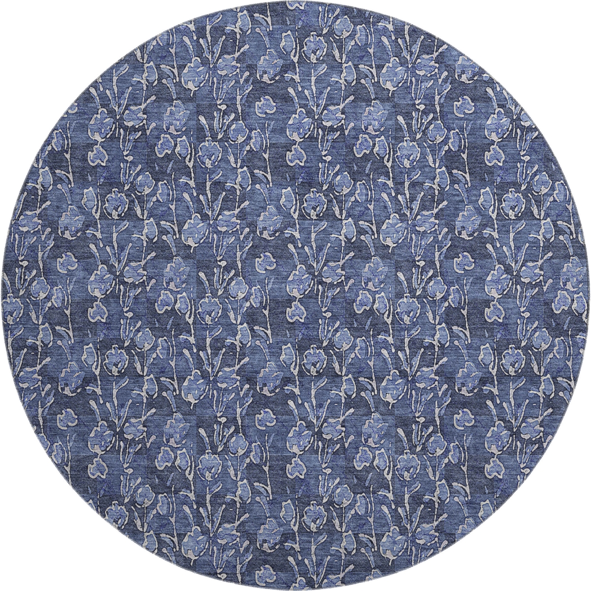 656451 8 ft. Navy Blue & Ivory Floral Transitional Washable Round Area Rug with UV Protection