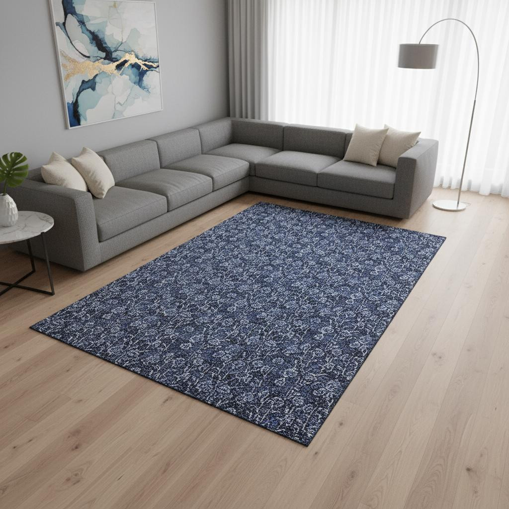 656452 8 x 10 ft. Navy Blue & Ivory Floral Transitional Washable Machine Made Rectangle Area Rug with UV Protection