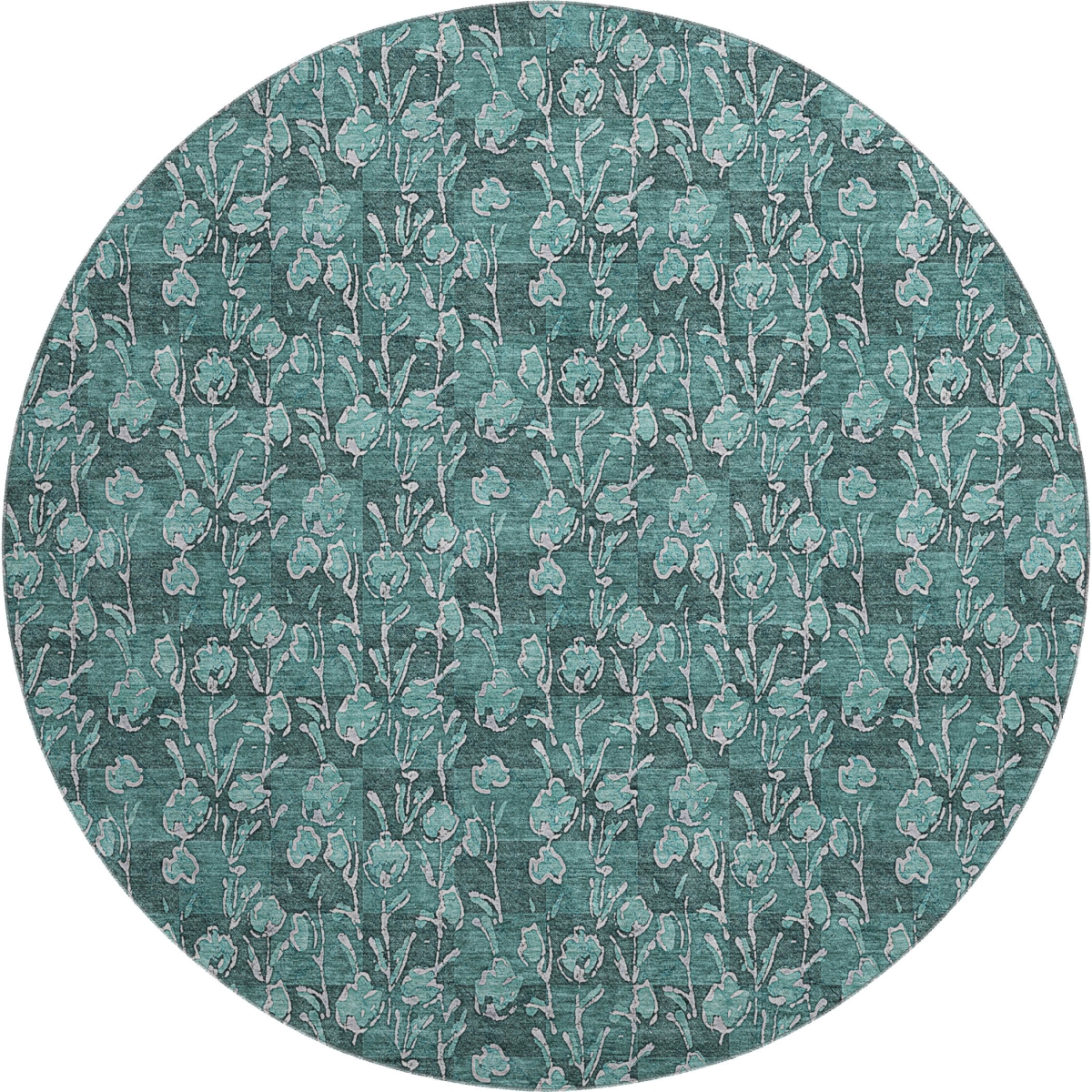 656469 8 ft. Teal & Ivory Floral Transitional Washable Round Area Rug with UV Protection