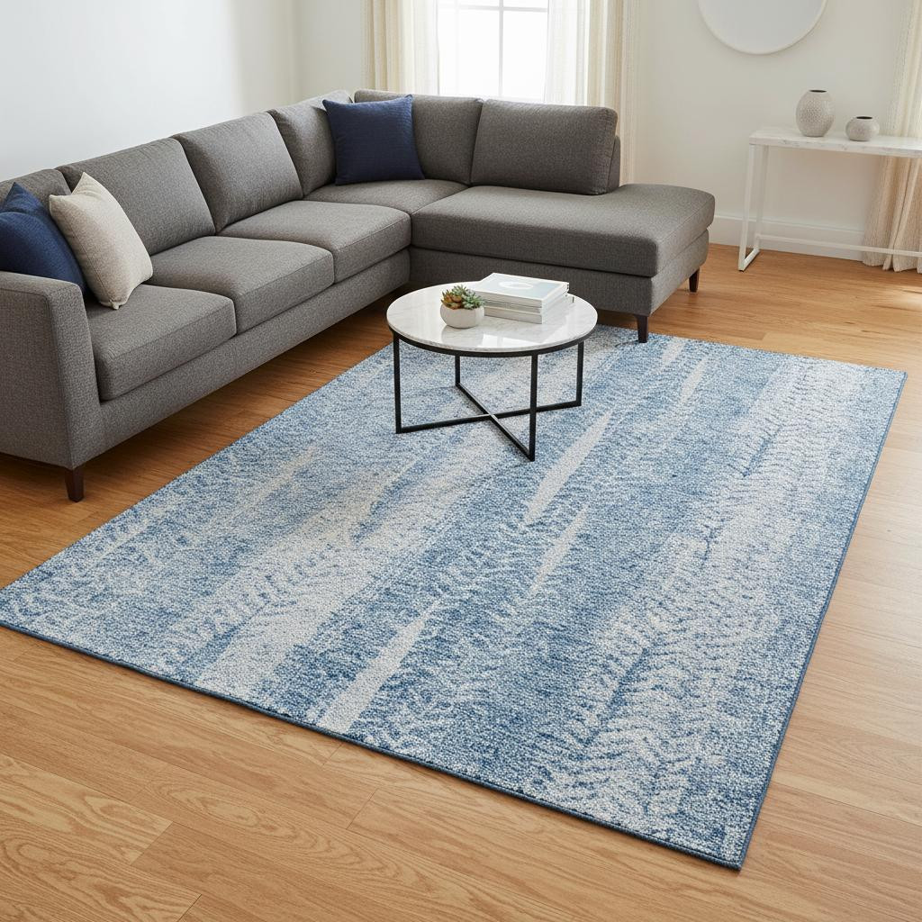 656535 8 x 10 ft. Sky Blue & Ivory Striped Transitional Washable Machine Made Rectangle Area Rug with UV Protection
