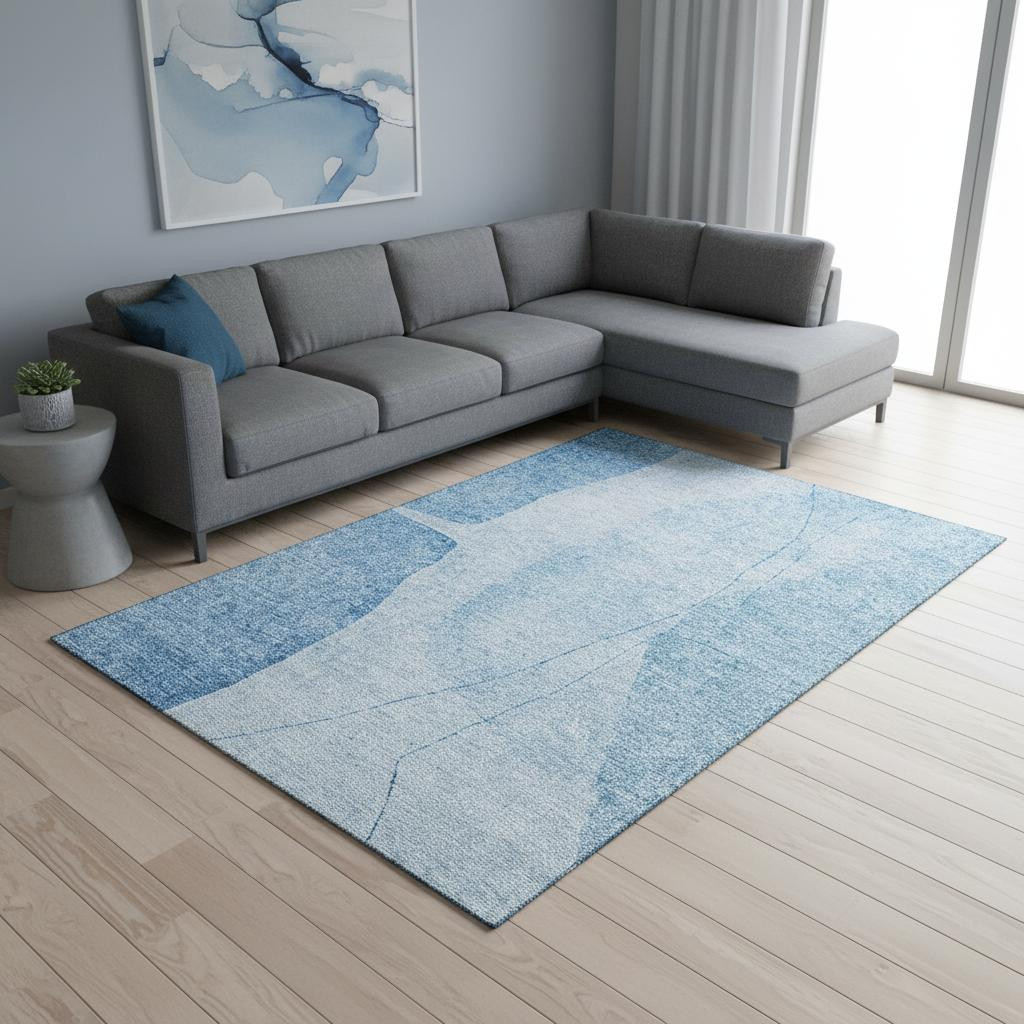 656560 9 x 12 ft. Blue & Ivory Abstract Transitional Washable Machine Made Rectangle Area Rug with UV Protection