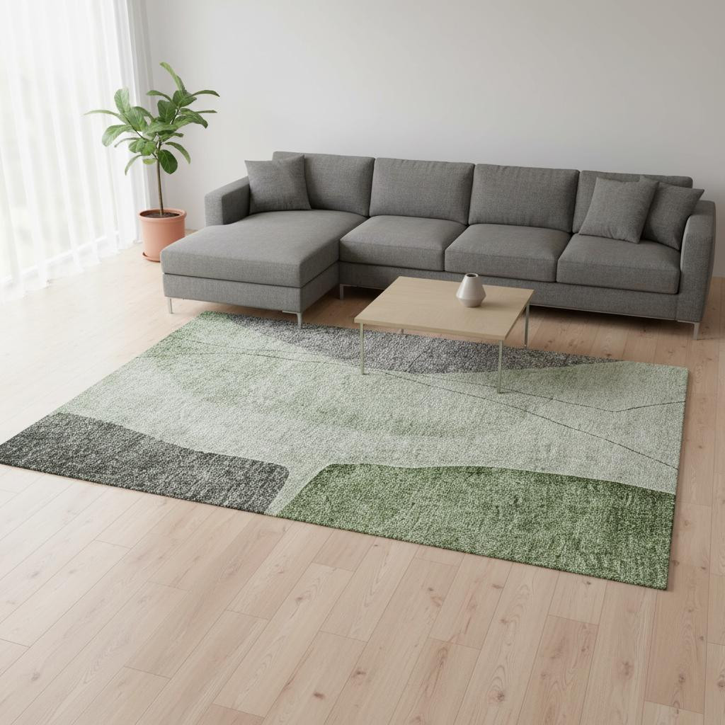 656566 9 x 12 ft. Green, Gray & Ivory Abstract Transitional Washable Machine Made Rectangle Area Rug with UV Protection