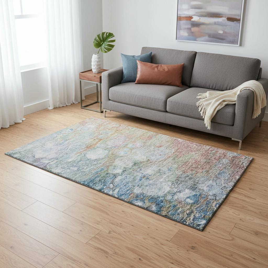 656713 5 x 8 ft. Coral Blue & Ivory Abstract Washable Machine Made Rectangle Area Rug with UV Protection