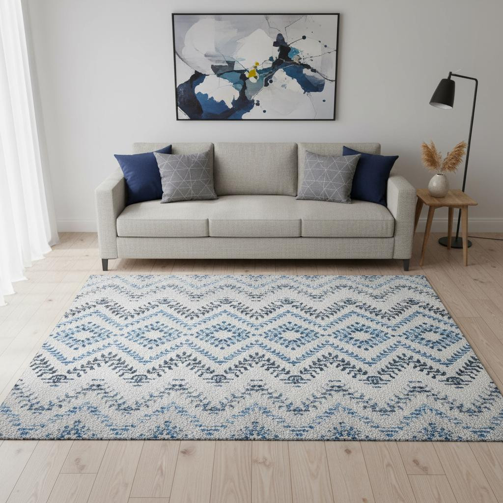 656102 5 x 8 ft. Blue & Ivory Geometric Transitional Washable Machine Made Rectangle Area Rug with UV Protection