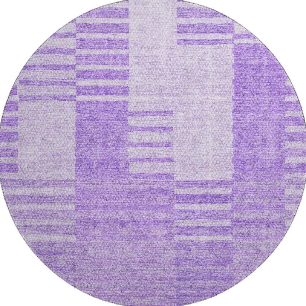 656211 8 ft. Lavender & Ivory Striped Transitional Washable Round Area Rug with UV Protection