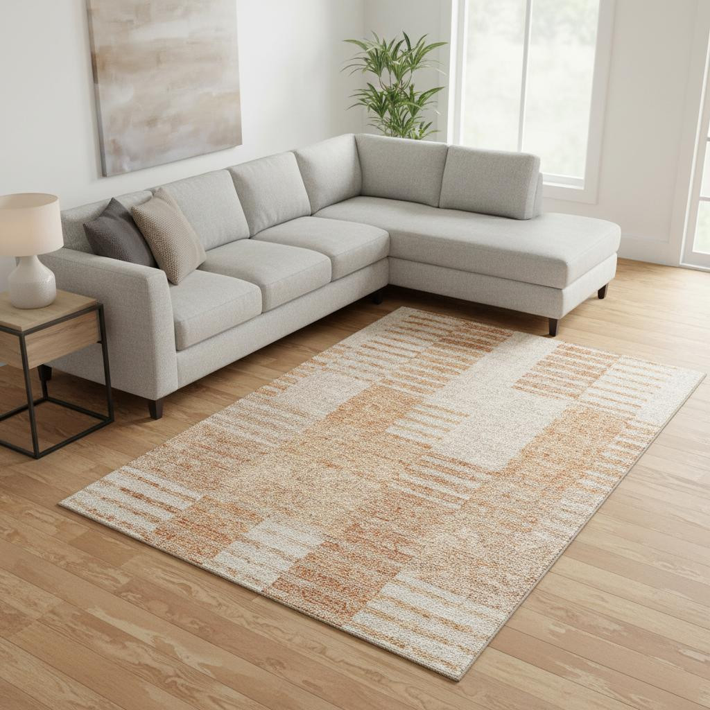 656226 10 x 14 ft. Salmon & Ivory Striped Transitional Washable Machine Made Rectangle Area Rug with UV Protection