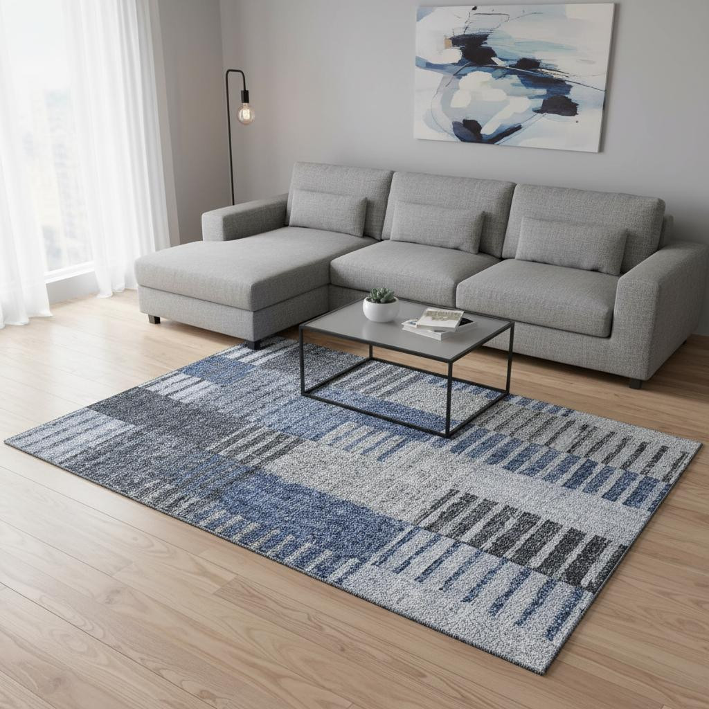 656250 10 x 14 ft. Blue, Ivory & Gray Striped Transitional Washable Machine Made Rectangle Area Rug with UV Protection