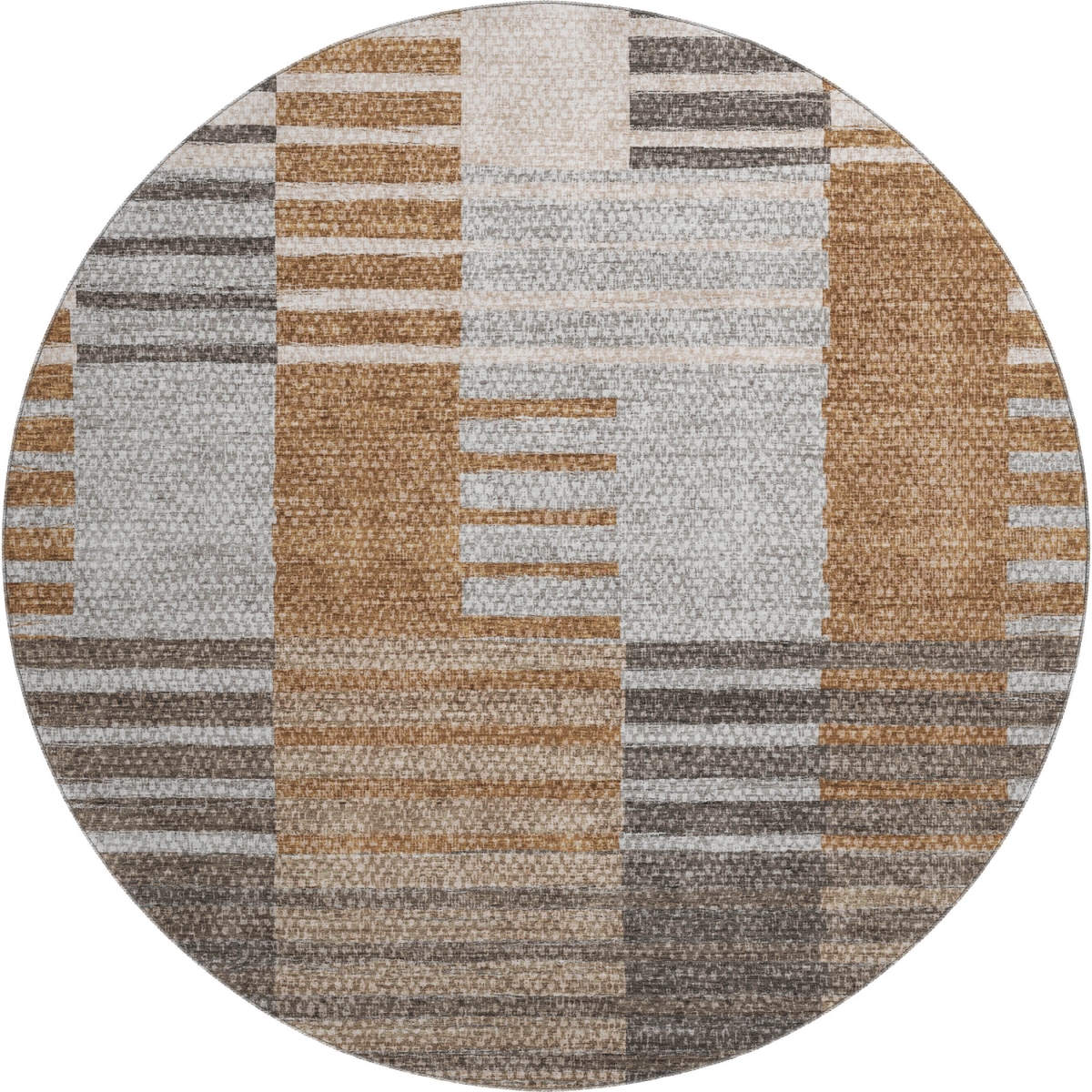 656259 8 ft. Rust Ivory & Gray Striped Transitional Washable Round Area Rug with UV Protection