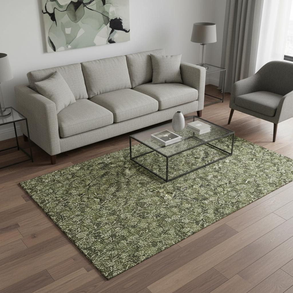 656456 5 x 8 ft. Olive Green & Ivory Floral Transitional Washable Machine Made Rectangle Area Rug with UV Protection