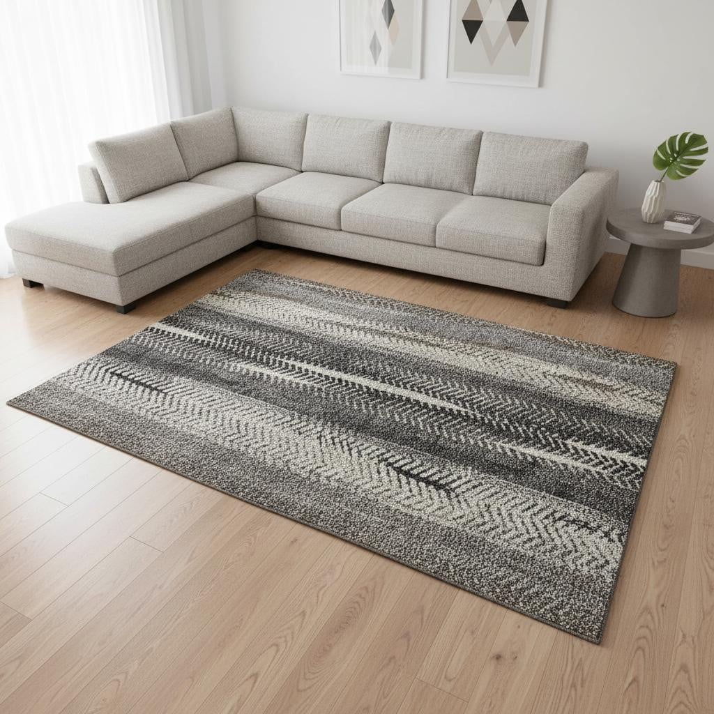 656482 9 x 12 ft. Brown, Gray & Ivory Striped Washable Machine Made Rectangle Area Rug with UV Protection