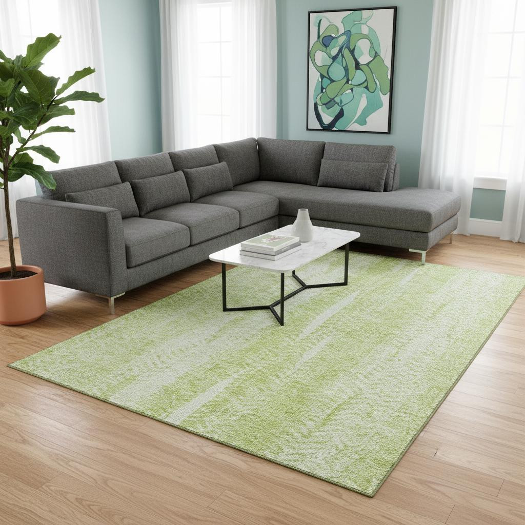 656506 9 x 12 ft. Artichoke Green & Ivory Striped Transitional Washable Machine Made Rectangle Area Rug with UV Protection