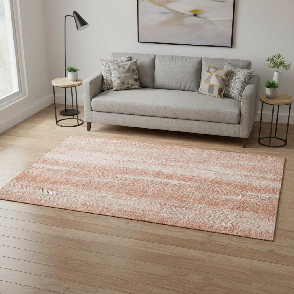 656521 5 x 8 ft. Coral & Ivory Striped Transitional Washable Machine Made Rectangle Area Rug with UV Protection
