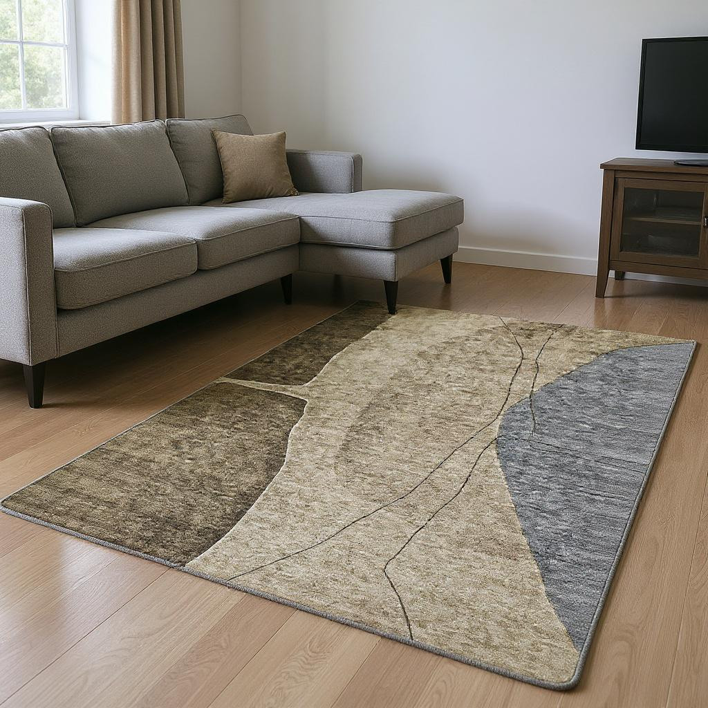 656555 10 x 14 ft. Brown, Beige & Blue Abstract Washable Machine Made Rectangle Area Rug with UV Protection