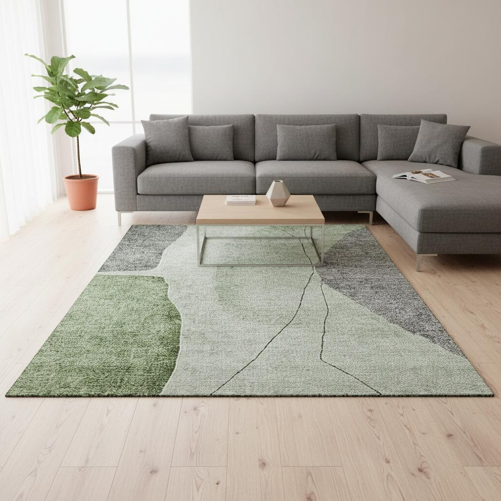656565 8 x 10 ft. Green, Gray & Ivory Abstract Transitional Washable Machine Made Rectangle Area Rug with UV Protection