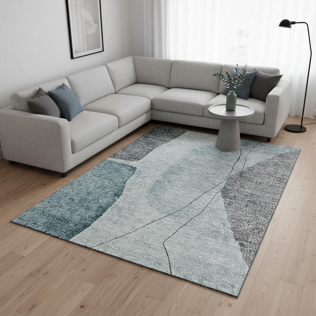 656585 10 x 14 ft. Teal, Gray & Ivory Abstract Transitional Washable Machine Made Rectangle Area Rug with UV Protection