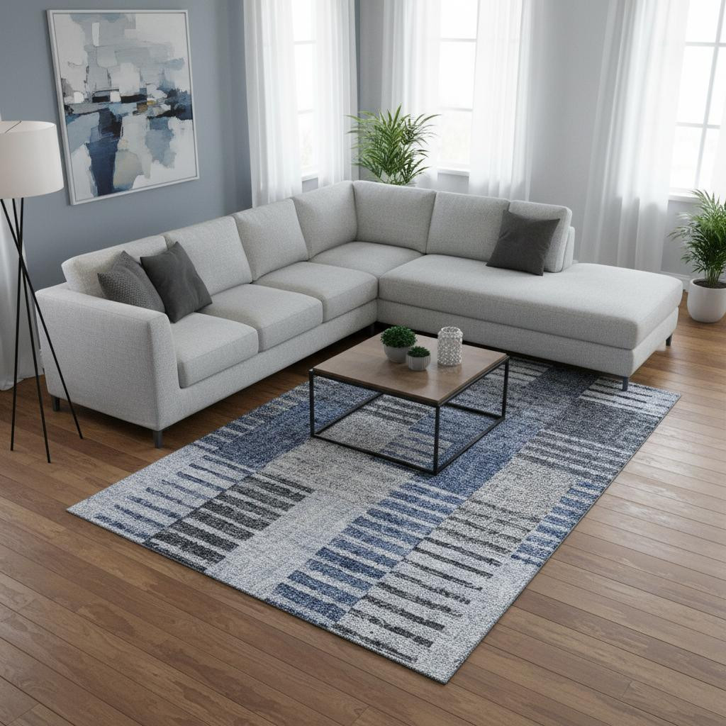 656248 8 x 10 ft. Blue, Ivory & Gray Striped Transitional Washable Machine Made Rectangle Area Rug with UV Protection