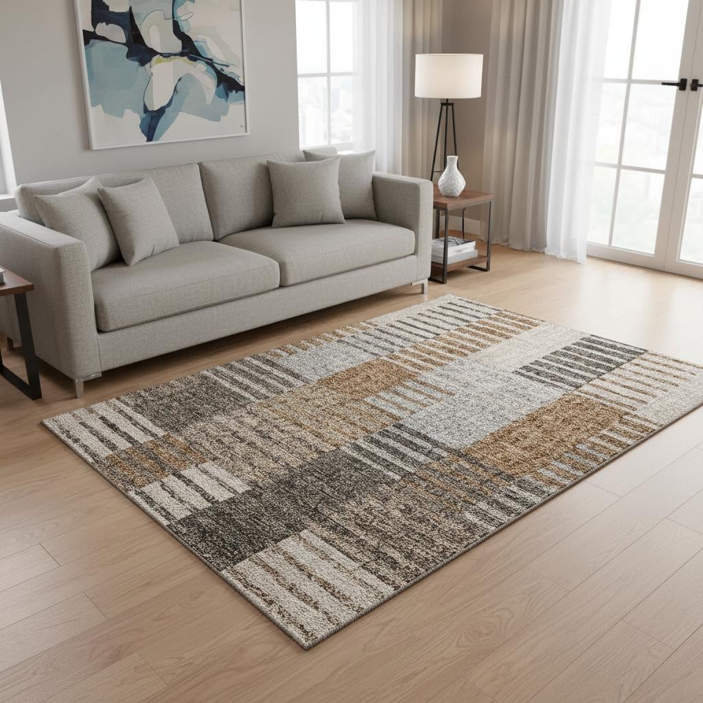 656258 5 x 8 ft. Rust Ivory & Gray Striped Transitional Washable Machine Made Rectangle Area Rug with UV Protection