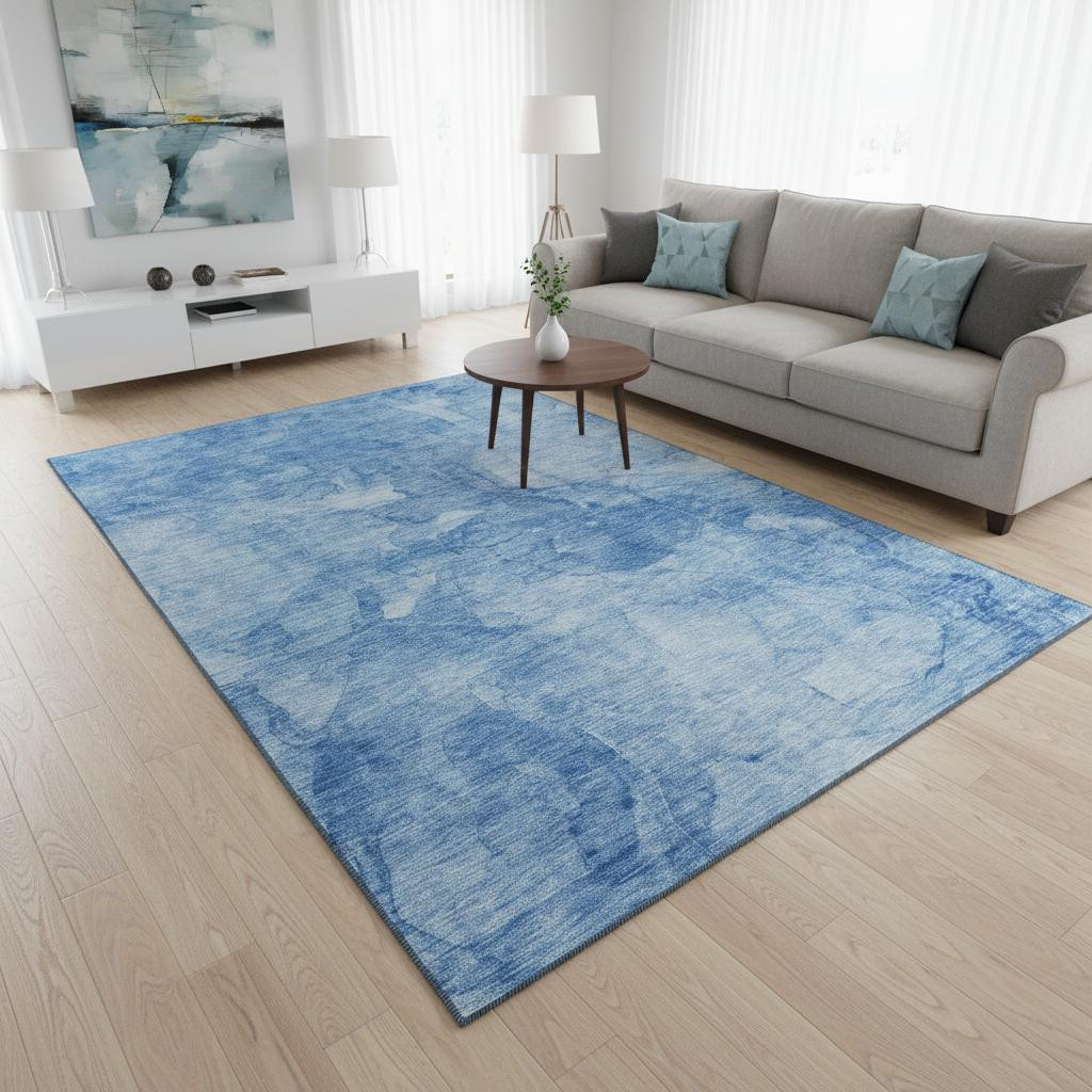 656282 5 x 8 ft. Blue & Ivory Abstract Transitional Washable Machine Made Rectangle Area Rug with UV Protection