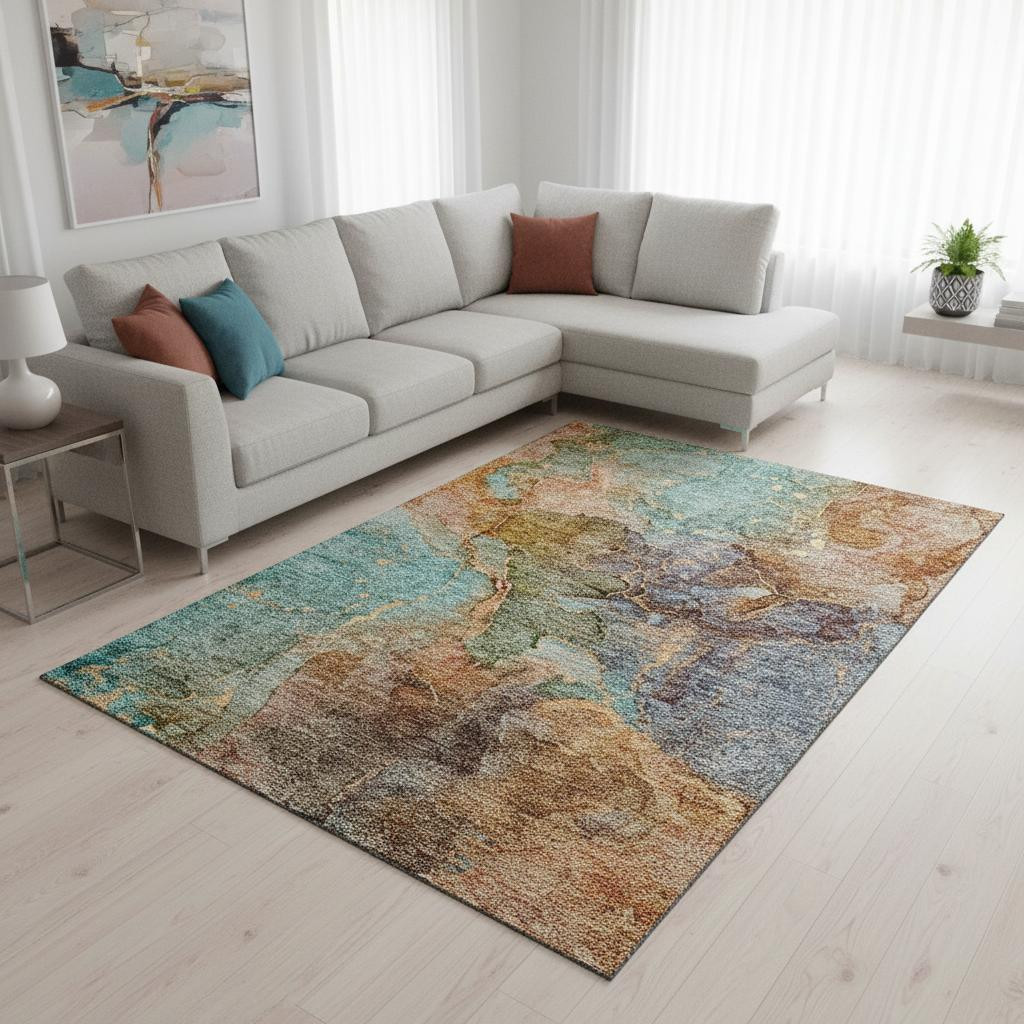656322 10 x 14 ft. Coral Blue & Purple Abstract Washable Machine Made Rectangle Area Rug with UV Protection