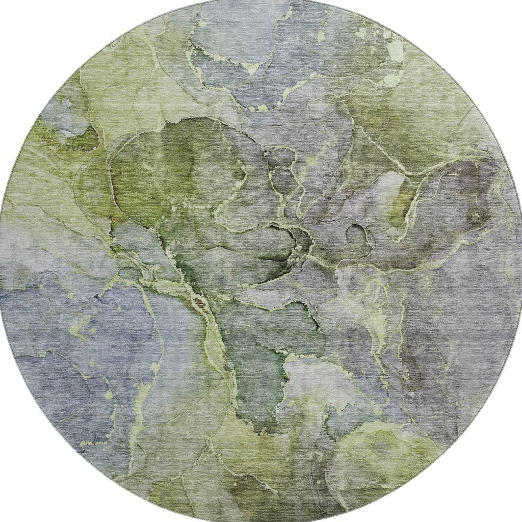 656325 8 ft. Olive Green & Gray Abstract Transitional Washable Round Area Rug with UV Protection