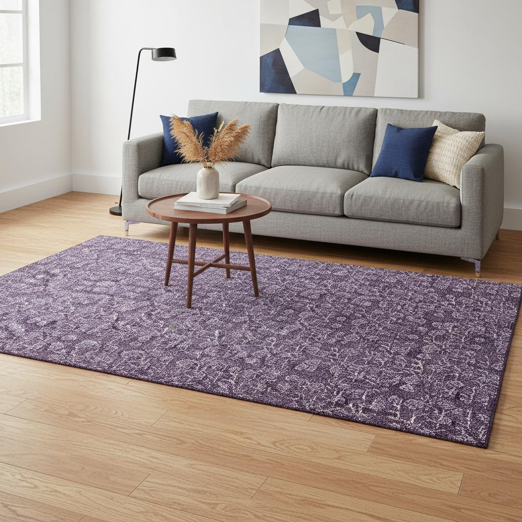 656462 5 x 8 ft. Purple & Ivory Floral Transitional Washable Machine Made Rectangle Area Rug with UV Protection