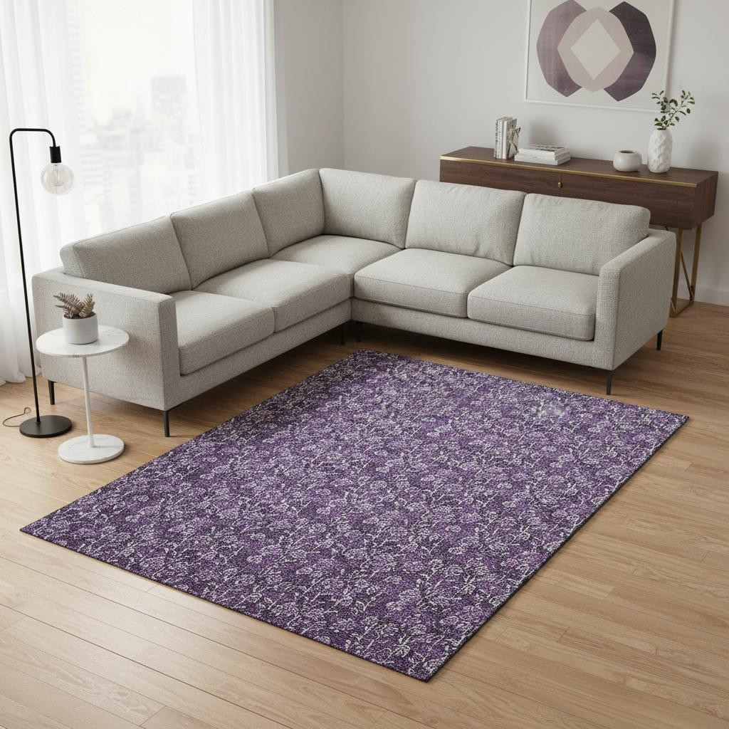 656465 9 x 12 ft. Purple & Ivory Floral Transitional Washable Machine Made Rectangle Area Rug with UV Protection