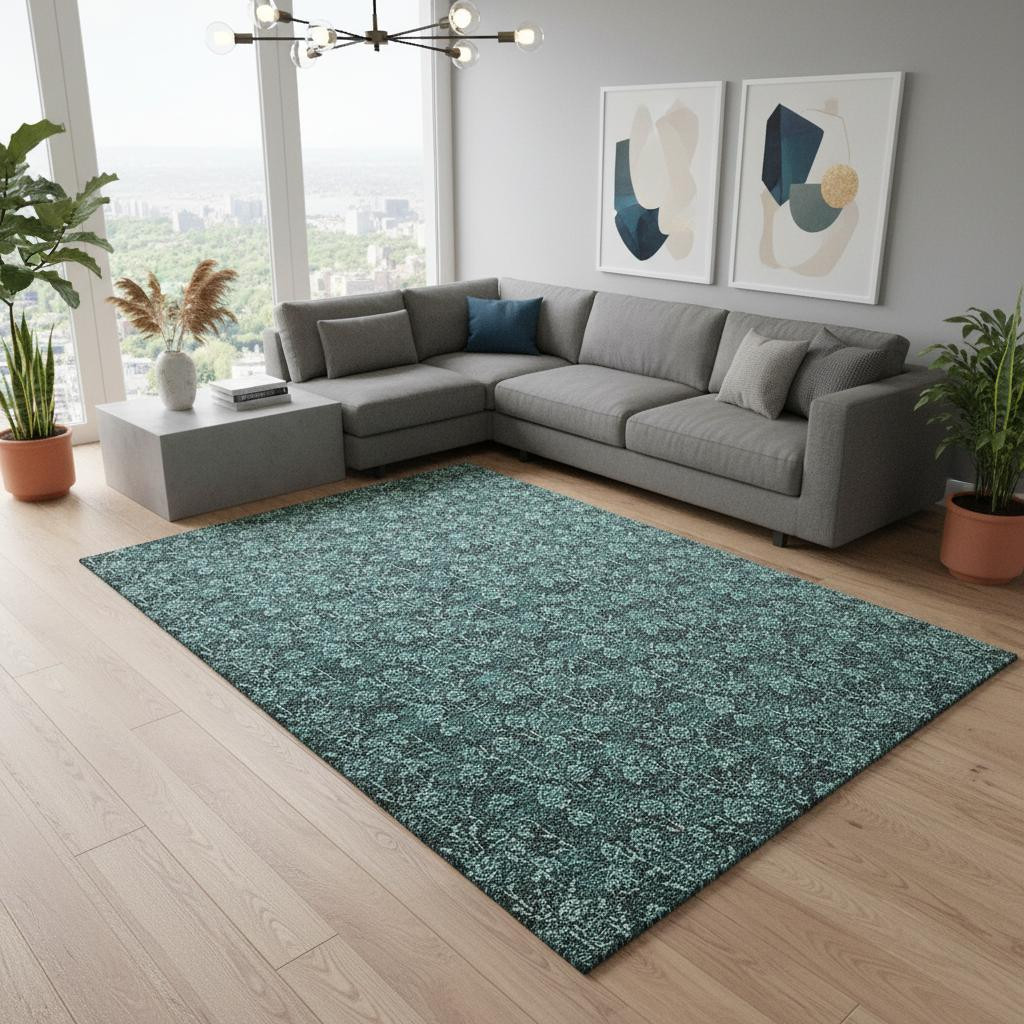 656471 9 x 12 ft. Teal & Ivory Floral Transitional Washable Machine Made Rectangle Area Rug with UV Protection
