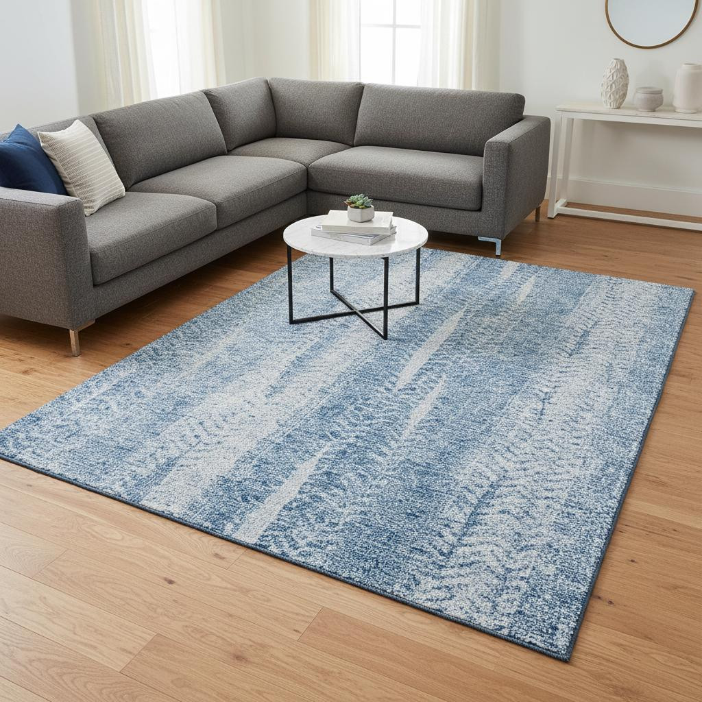 656536 9 x 12 ft. Sky Blue & Ivory Striped Transitional Washable Machine Made Rectangle Area Rug with UV Protection