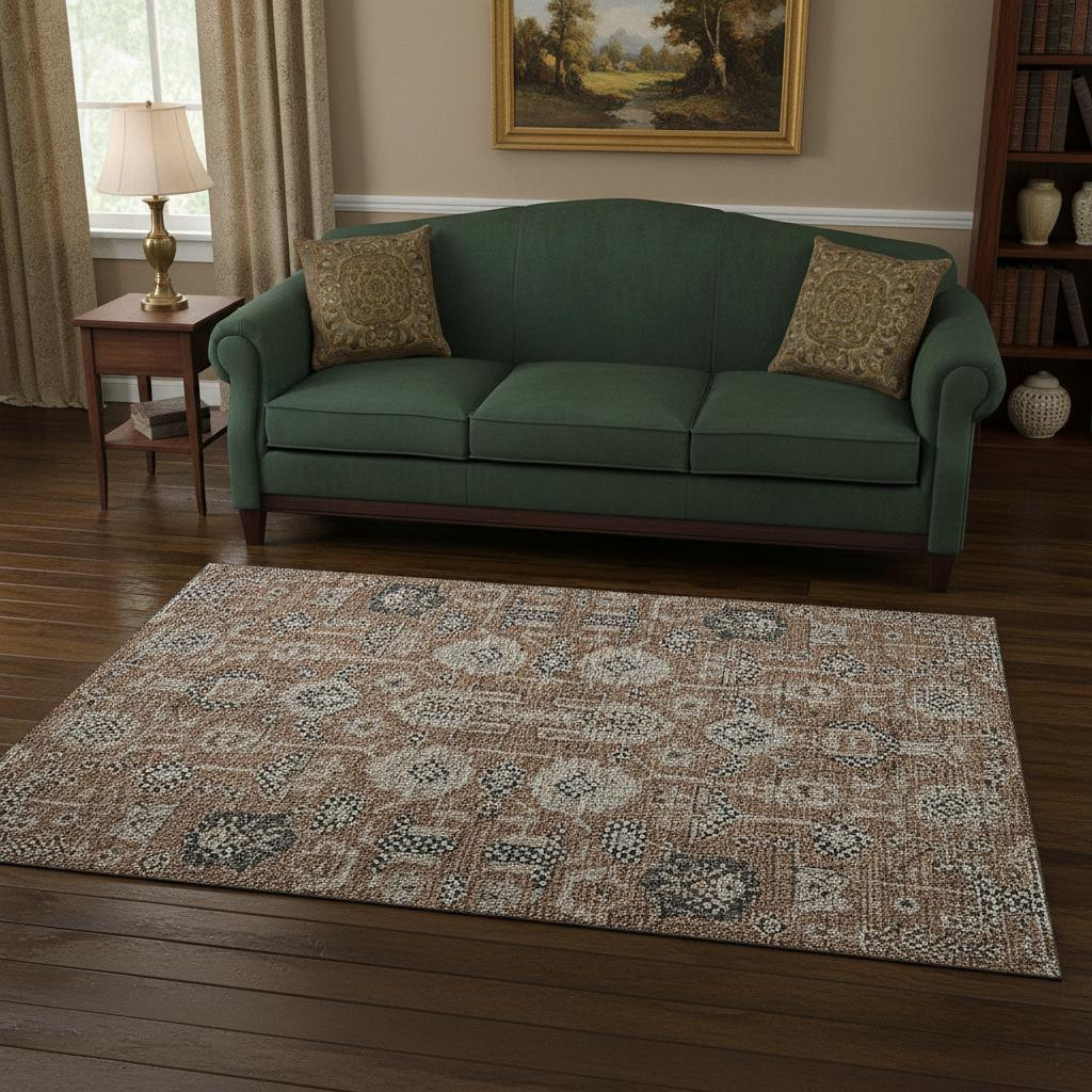 656665 5 x 8 ft. Rust Gray & Charcoal Oriental Washable Machine Made Rectangle Area Rug with UV Protection