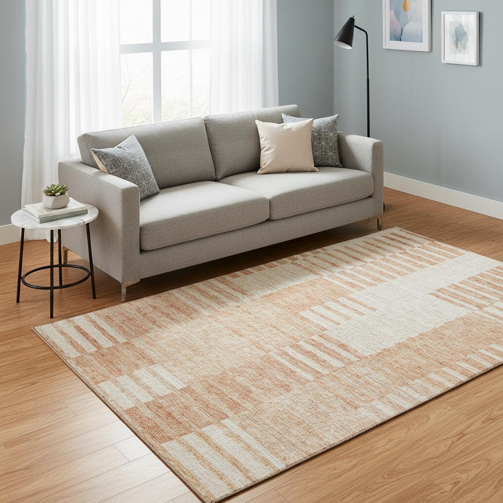 656222 5 x 8 ft. Salmon & Ivory Striped Transitional Washable Machine Made Rectangle Area Rug with UV Protection