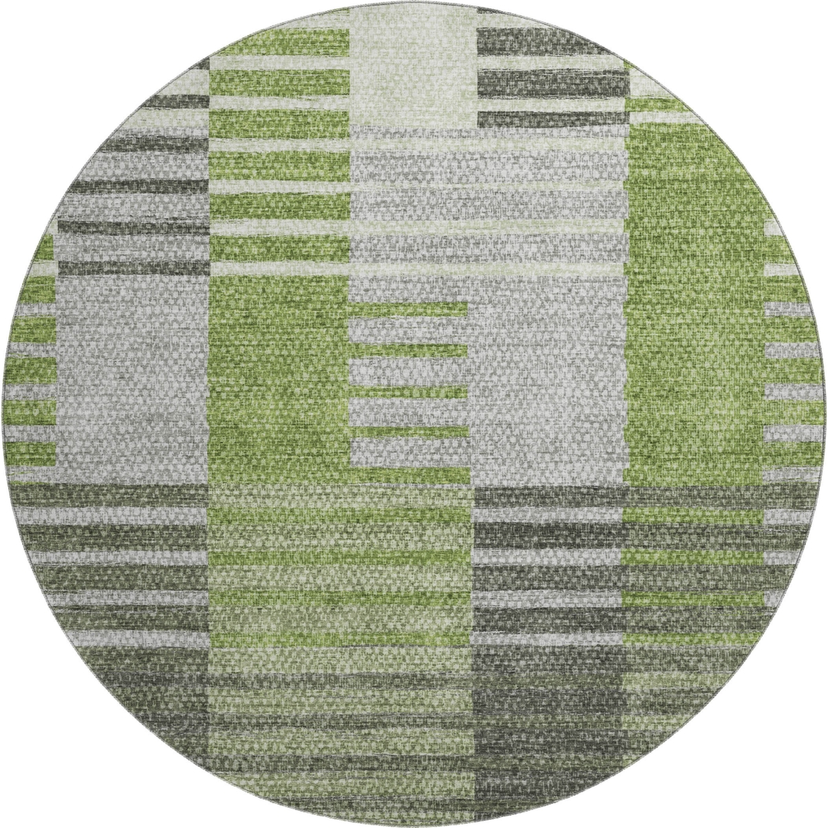 656253 8 ft. Green, Ivory & Gray Striped Transitional Washable Round Area Rug with UV Protection