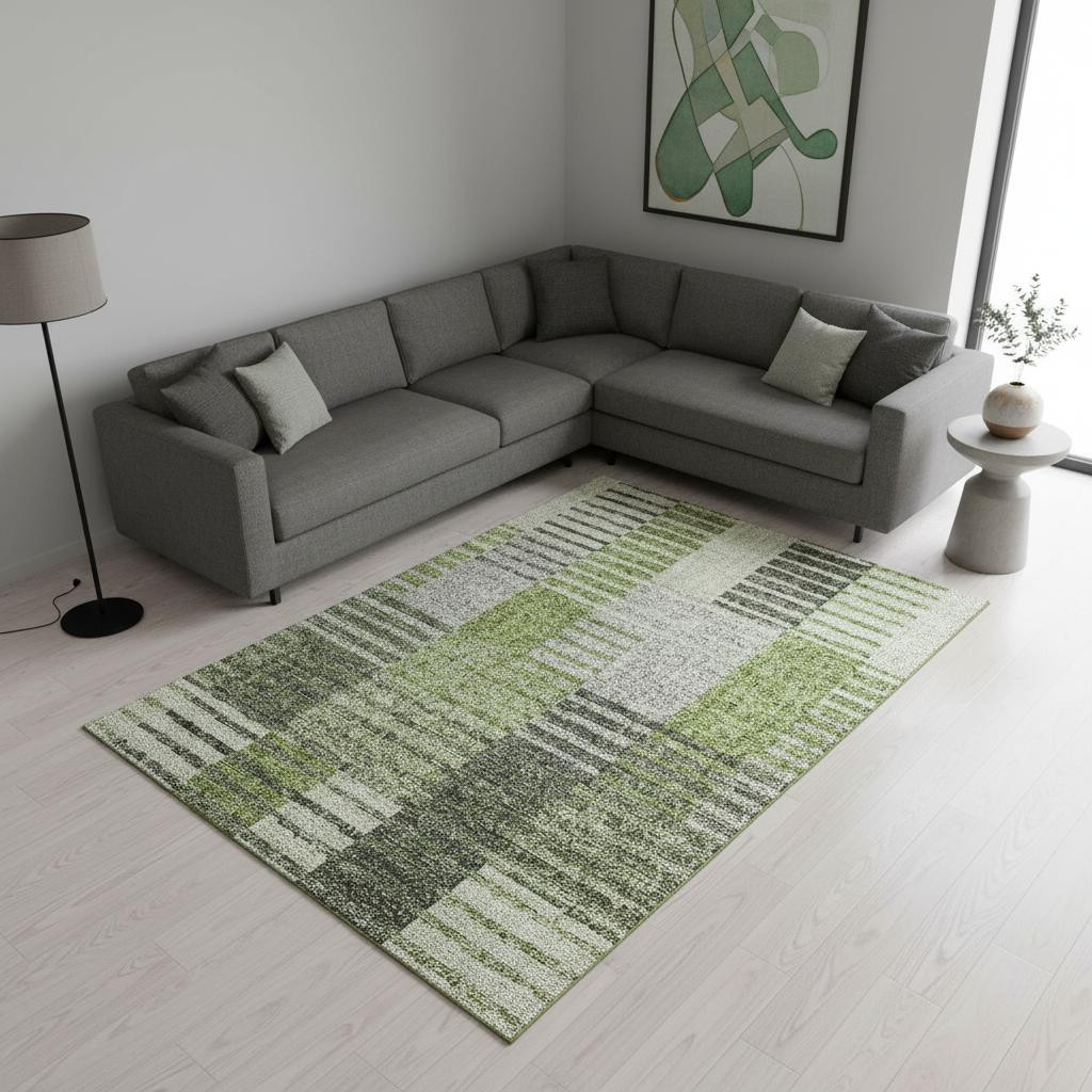 656256 10 x 14 ft. Green, Ivory & Gray Striped Transitional Washable Machine Made Rectangle Area Rug with UV Protection