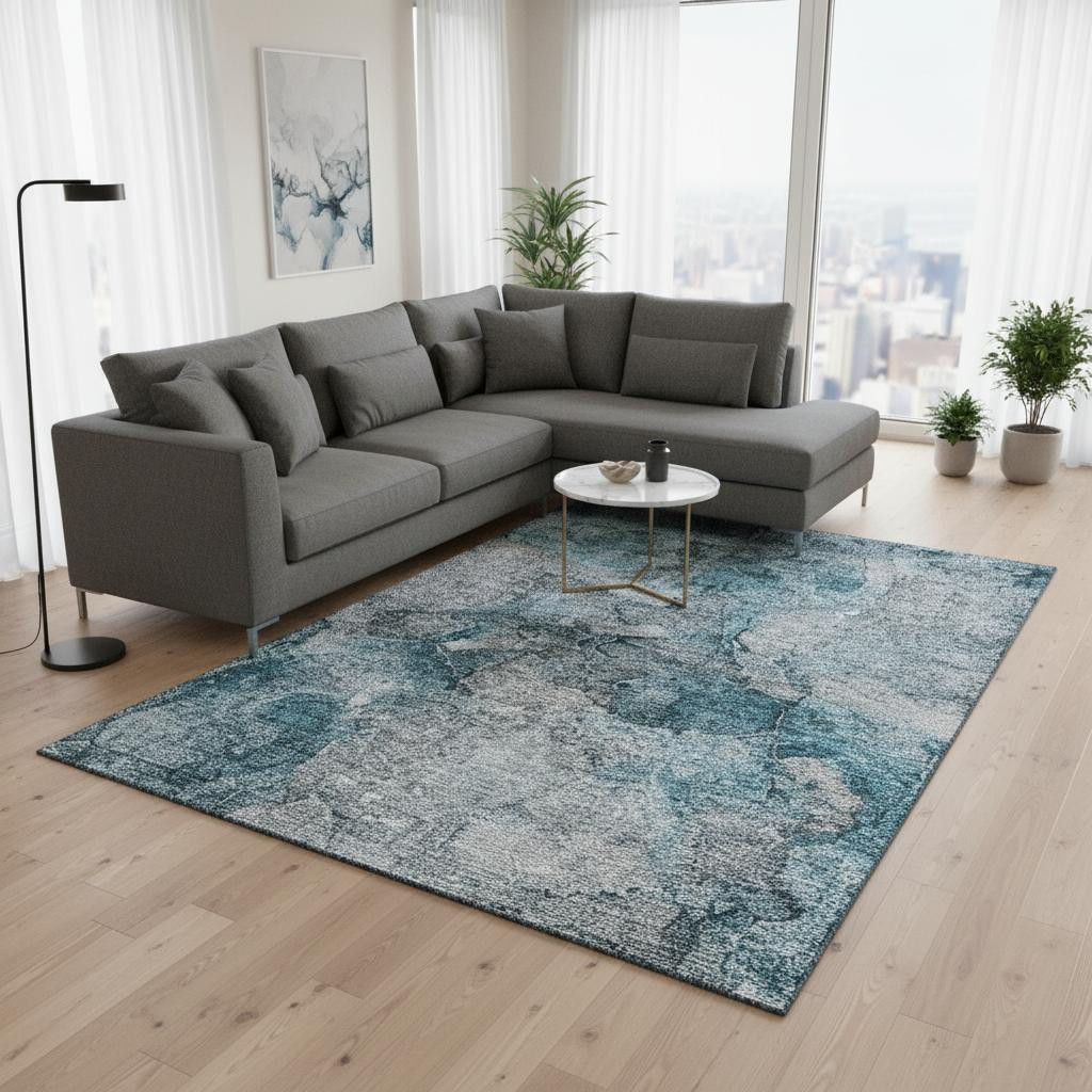 656333 9 x 12 ft. Teal & Gray Abstract Transitional Washable Machine Made Rectangle Area Rug with UV Protection