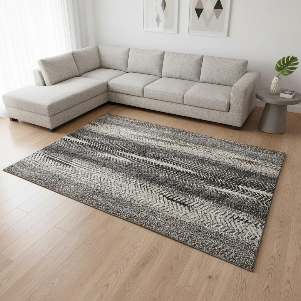 656481 8 x 10 ft. Brown, Gray & Ivory Striped Washable Machine Made Rectangle Area Rug with UV Protection