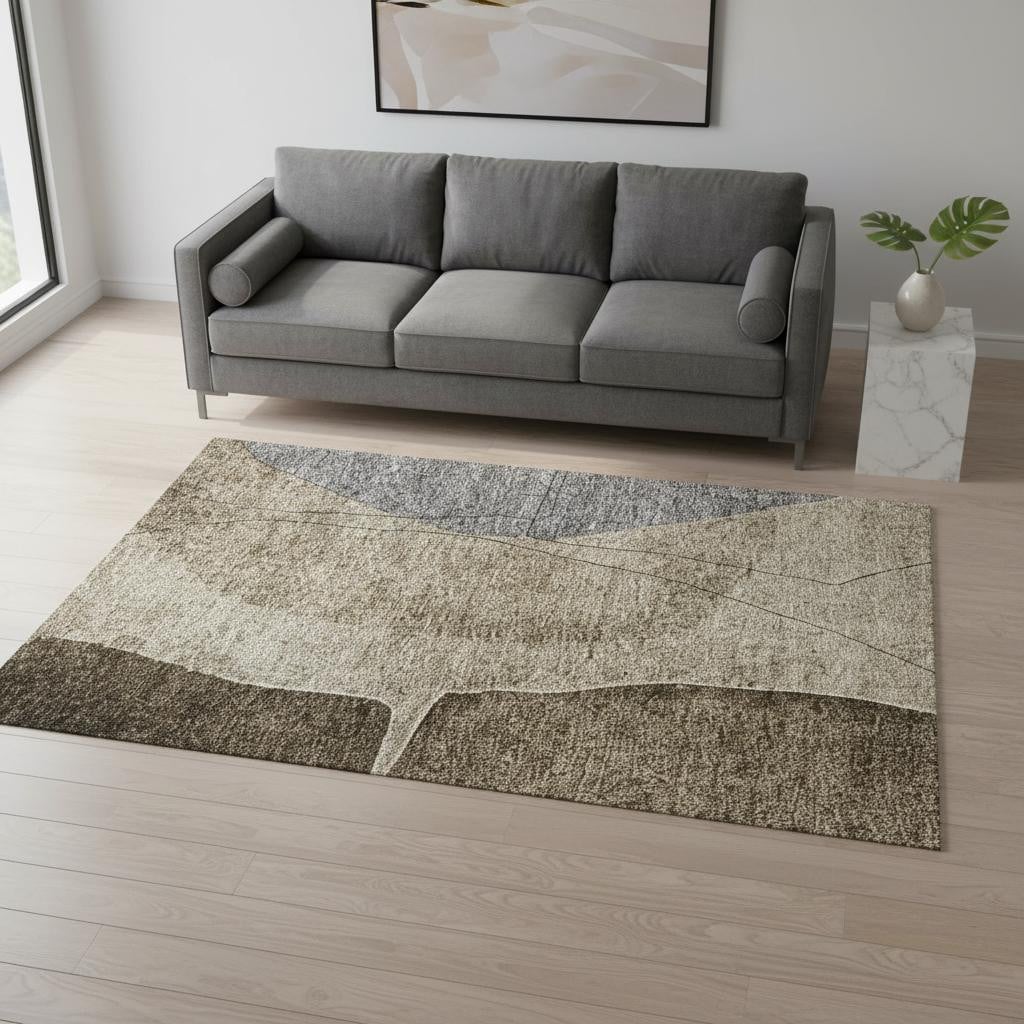 656551 5 x 8 ft. Brown, Beige & Blue Abstract Washable Machine Made Rectangle Area Rug with UV Protection